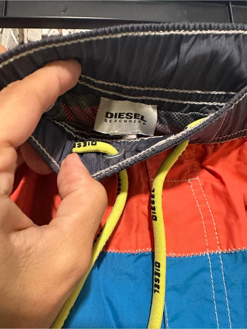 Diesel Colorblock Swim Shorts in Blue, Coral, Navy with Yellow Drawstring
